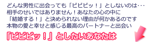 どんな男性に出会っても「ビビビッ!」としないのは・・・相手のせいではありません!あなたの心の中に「結婚する!」と決められない理由が何かあるのです本物の愛と幸せと感じる最高のパートナーと出会い「ビビビッ!」としたいあなたは→